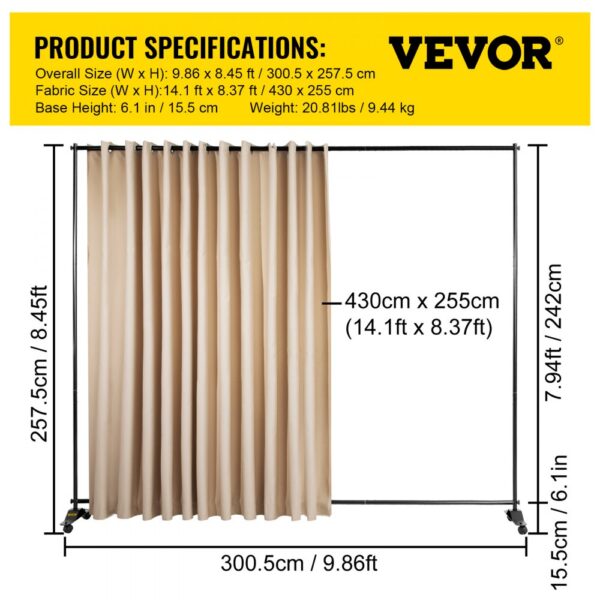 VEVOR Curtain Divider Stand, 8 x 10 ft, 4 Rolling Wheels Room Divider Kit, Aluminum Alloy Frame, Blackout Curtain & Portable Oxford Bag Included, Expandable Room Divider for Office, Conference Beige