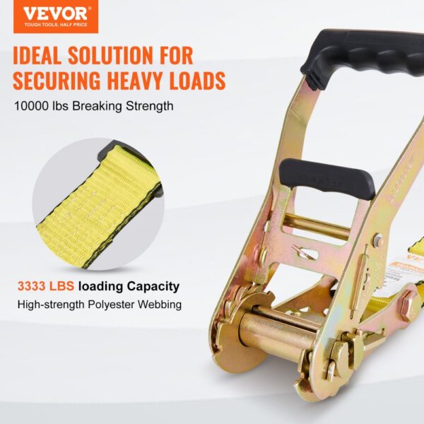 VEVOR ratchet tie down straps: 10000 lbs breaking strength, 3333 lbs loading capacity, polyester webbing.