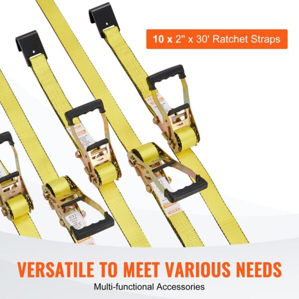 yellow VEVOR ratchet tie down straps, 10 pack, 2” x 30’, heavy-duty with ergonomic handles.