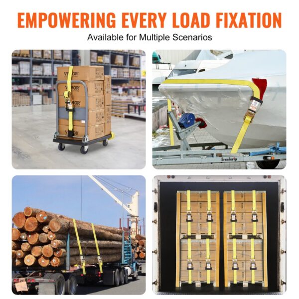 VEVOR straps securing various loads: boxes on a dolly, boat, timber, and truck cargo.