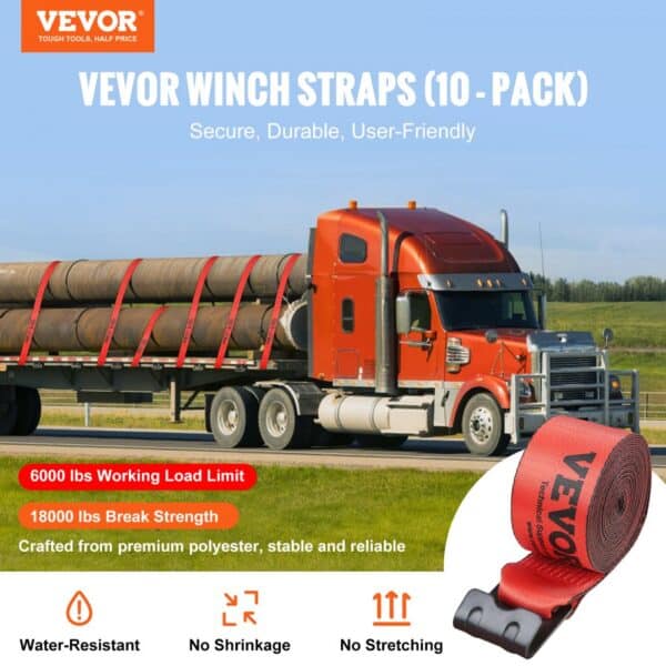 VEVOR winch straps 10-pack, durable red straps securing large load on semi-trailer truck.