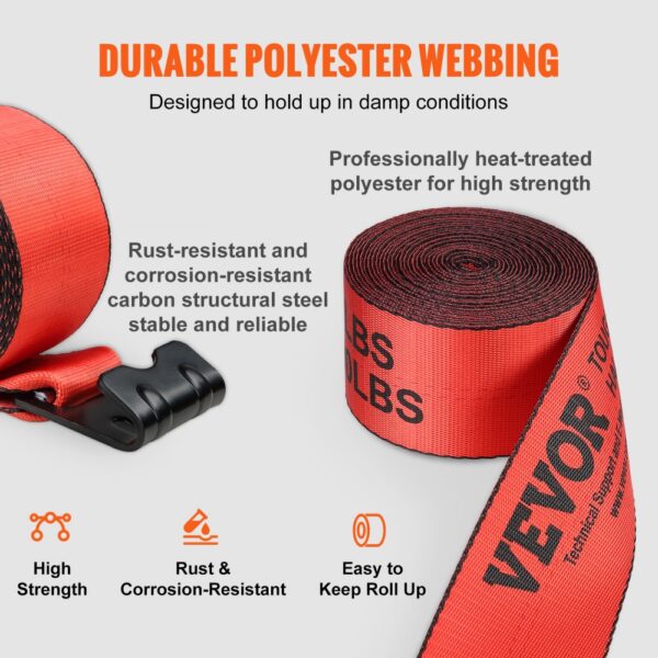 VEVOR winch straps high strength polyester, rust and corrosion-resistant, easy to roll up.