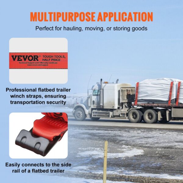 multipurpose VEVOR winch straps for hauling, moving goods; secure on flatbeds; easy side rail connection.