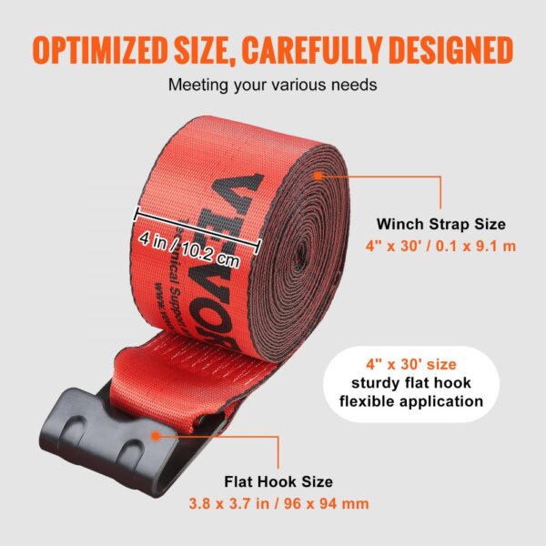 red VEVOR winch strap, 4 in x 30 ft, sturdy flat hook, meets various needs.