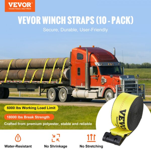 VEVOR winch straps securing a load on an orange truck, showcasing durability and strength benefits.