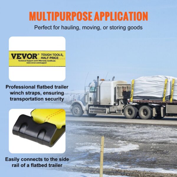 multipurpose VEVOR winch straps for hauling on flatbed trailer, ensuring transportation security.