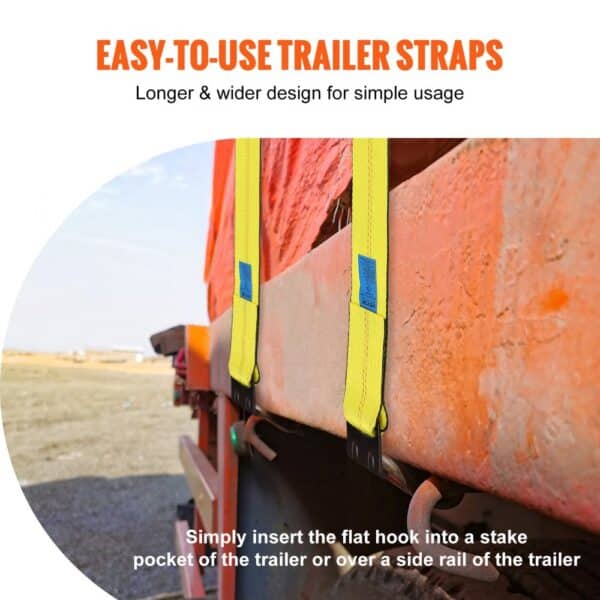 easy-to-use VEVOR winch straps with flat hook attached to a trailer for secure cargo transport.