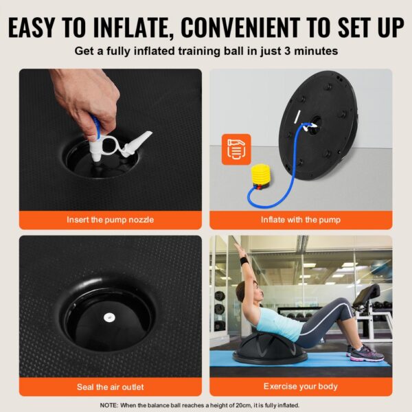 VEVOR balance ball trainer setup: insert nozzle, inflate, seal outlet, and exercise for stability training.