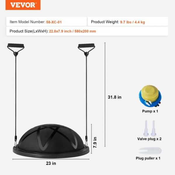 VEVOR balance ball trainer with handles, pump, valve plugs, and plug puller. dimensions: 23x7.9 inches.