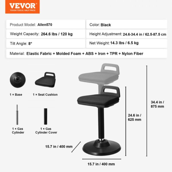 VEVOR Wobble Chair Height-Adjustable (24.6-34.4") Active Chair with Handle Black