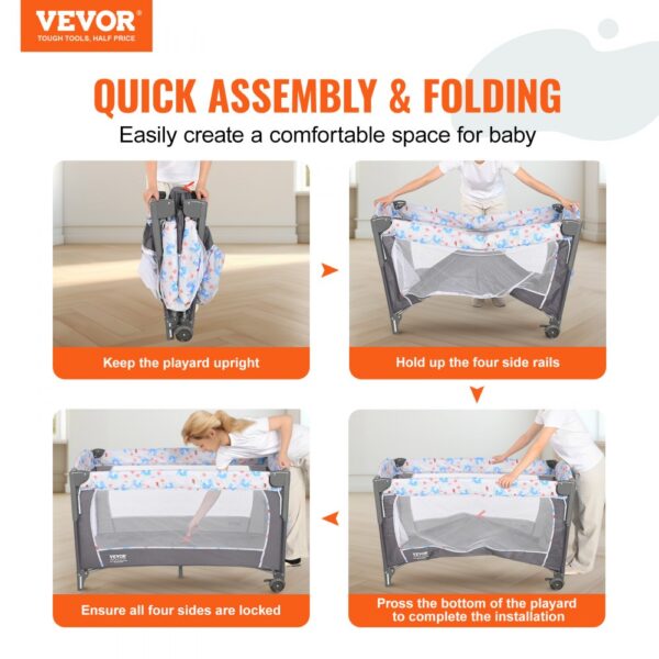 VEVOR baby bassinet quick assembly & folding guide, featuring step-by-step instructions for setup.