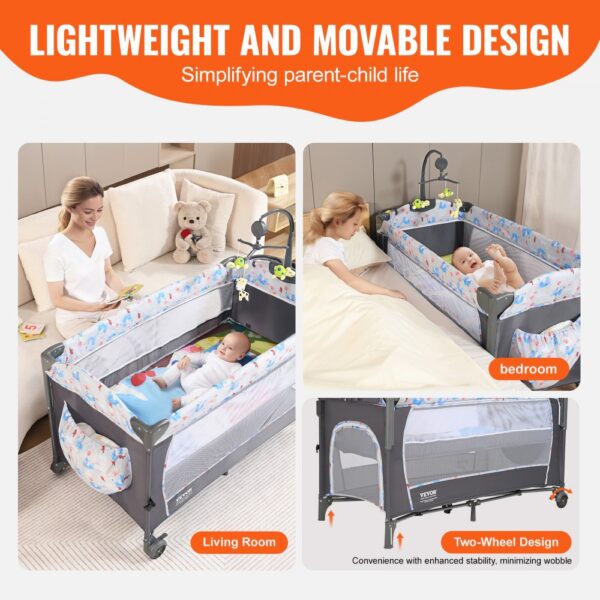 VEVOR baby bassinet, lightweight and movable design for living room and bedroom, featuring two-wheel design.