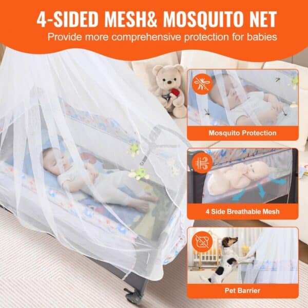 VEVOR baby bassinet with 4-sided breathable mesh, mosquito protection, and pet barrier features.