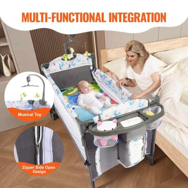 VEVOR baby bassinet with musical toy, zipper side open design, storage pockets, and comfortable bedding.