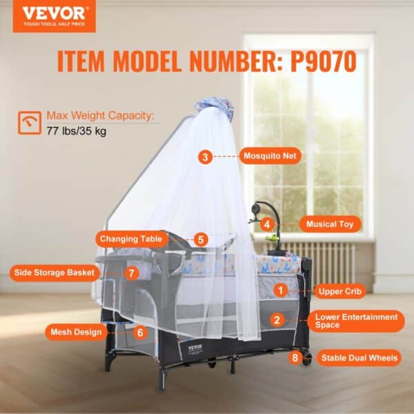 VEVOR baby bassinet p9070 with mosquito net, musical toy, changing table, and side storage basket.