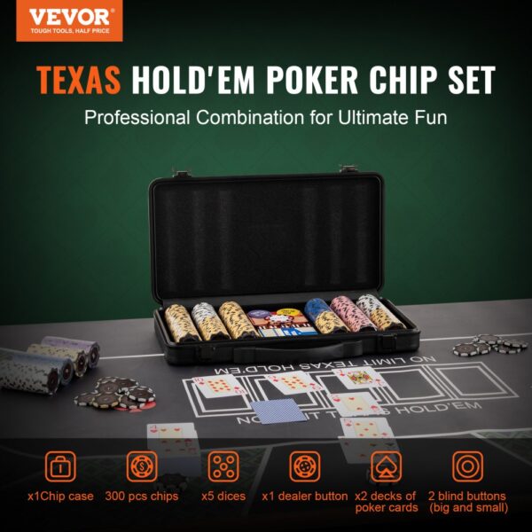 VEVOR poker chip set displayed with 300 poker chips, dice, dealer button, poker cards, and blind buttons.