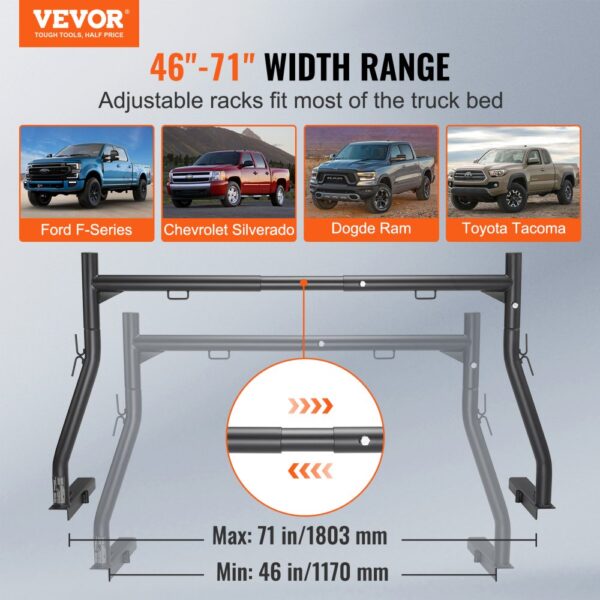 VEVOR truck ladder rack, adjustable 46-71 inch for ford, chevrolet, dodge, and toyota truck beds.