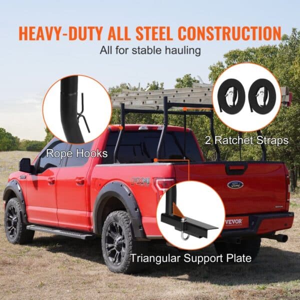 red truck with a VEVOR truck ladder rack, rope hooks, triangular support plate, and ratchet straps.