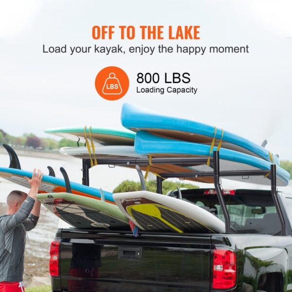 VEVOR truck ladder rack loaded with kayaks and paddleboards, showcasing 800 lbs loading capacity.