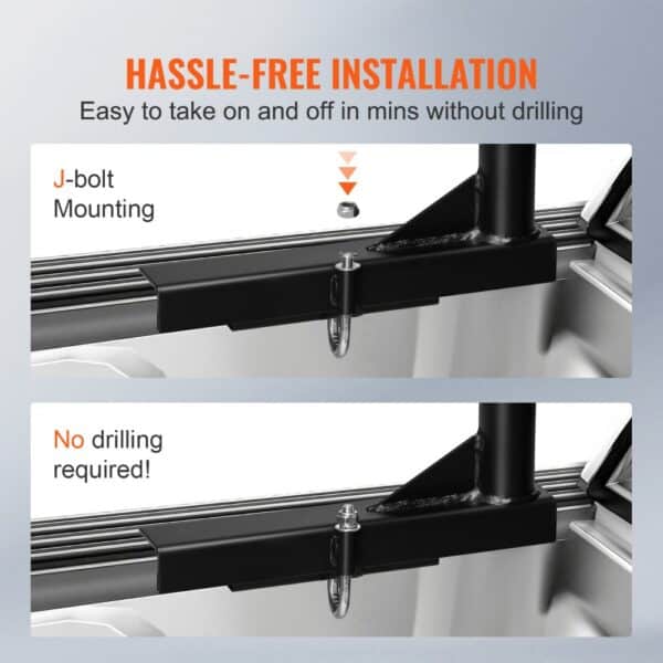 VEVOR truck ladder rack installation showing j-bolt mounting, hassle-free setup, and no drilling required.