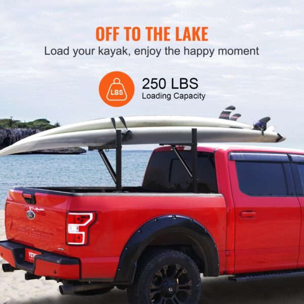 red ford truck at the beach with a VEVOR truck rack carrying a kayak, boasting 250 lbs loading capacity.