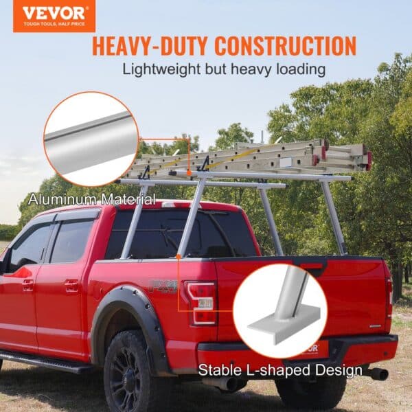 red truck with a ladder on a VEVOR truck rack made of aluminum, featuring a stable l-shaped design.