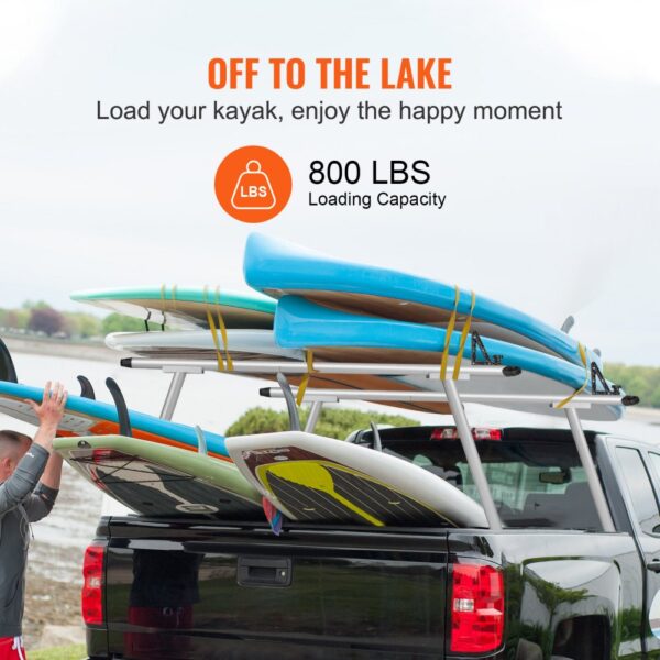 VEVOR truck rack loaded with multiple kayaks and surfboards, 800 lbs loading capacity.