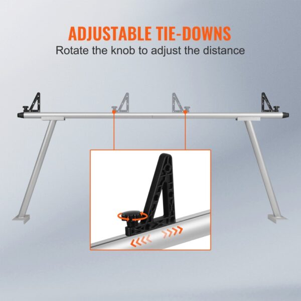 VEVOR truck rack with adjustable tie-downs and rotatable knob for customizable distance.