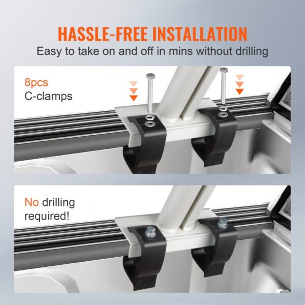 hassle-free installation guide for VEVOR truck rack with 8pcs c-clamps, no drilling required.