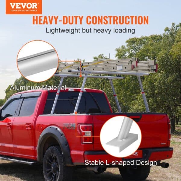 red truck with VEVOR truck rack, aluminum material, stable l-shaped design, carrying ladders.