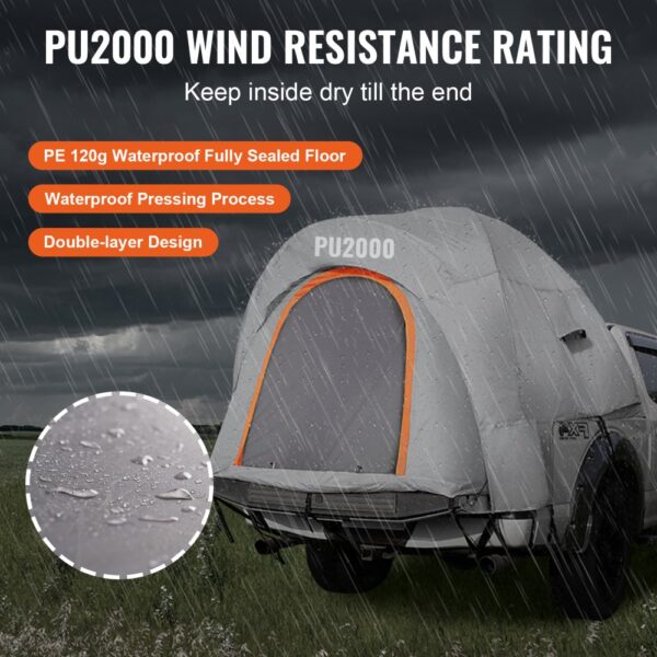 VEVOR truck bed tent with pu2000 wind resistance, waterproof pressing process, and double-layer design.