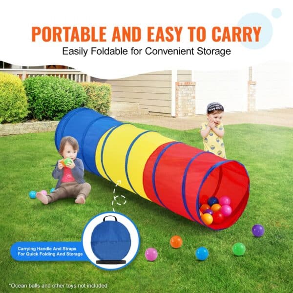 VEVOR kids play tunnel in backyard, foldable and easy to carry, surrounded by colorful balls.