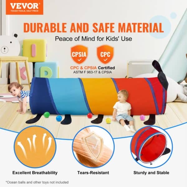 VEVOR kids play tunnel in colorful design; cpc & cpsia certified, featuring excellent breathability and tear resistance.