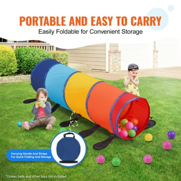 VEVOR kids play tunnel in backyard with colorful balls, easily foldable for convenient storage.