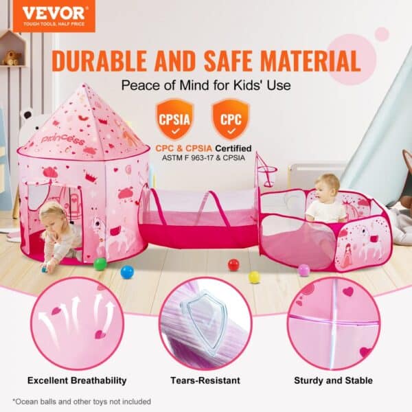 VEVOR kids play tent with tunnel and ball pit, certified cpc & cpsia, durable and safe material.