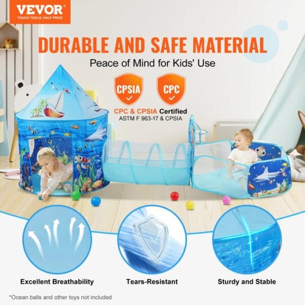 VEVOR kids play tent with tunnel, excellent breathability, tear-resistant material, and child-safe design.