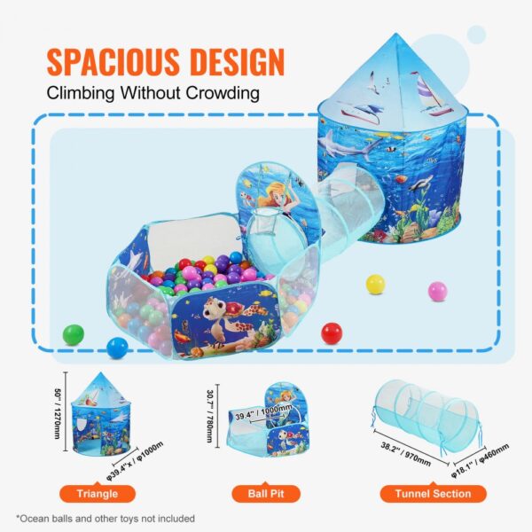 VEVOR kids play tent with tunnel, ball pit, and triangle sections, featuring colorful ocean designs.