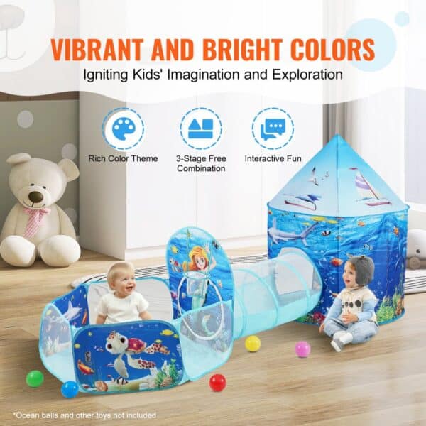 VEVOR kids play tent with ocean theme, bright colors, and interactive tunnel for imaginative play.