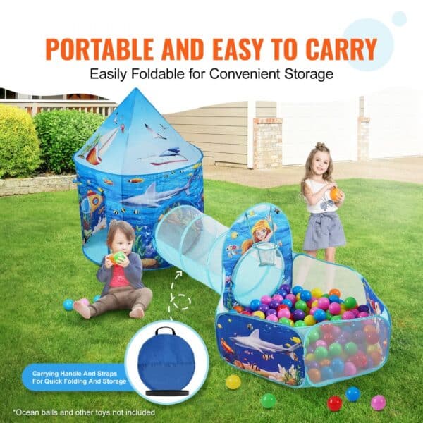 portable VEVOR kids play tent with tunnel and ball pit on lawn, designed for easy folding and storage.