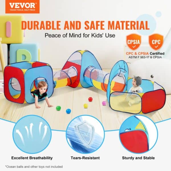 VEVOR kids play tent showcasing breathable, tear-resistant, sturdy, and stable material with colorful design.