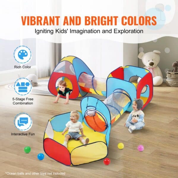 VEVOR kids play tent in vibrant colors with tunnels and playhouse, providing interactive fun for children.