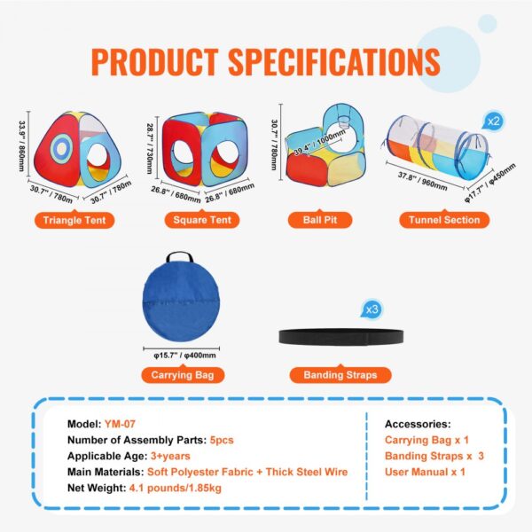 VEVOR kids play tent product specifications with triangle tent, square tent, ball pit, and tunnel section.