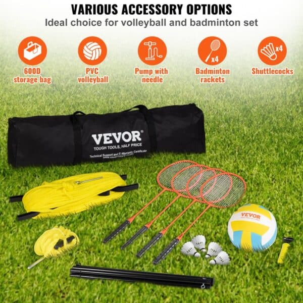 VEVOR Volleyball and Badminton Set, Outdoor Portable Badminton Net, Adjustable Height Steel Poles, Professional Combo Set with PVC Volleyball, Pump, Carrying Bag, Easy Setup for Backyard Beach Lawn