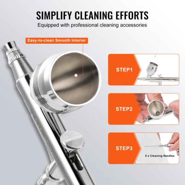 VEVOR airbrush kit with easy-to-clean smooth interior and professional cleaning accessories.