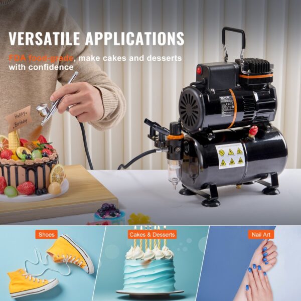 VEVOR airbrush kit in use, decorating a cake; also suitable for shoes, cakes, desserts, and nail art.