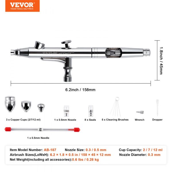 VEVOR airbrush kit with 0.3/0.5 mm nozzles, copper cups, cleaning brushes, wrench, and dropper set.