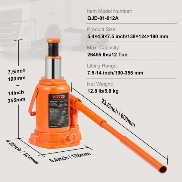 VEVOR Hydraulic Bottle Jack, 12 Ton/24000 LBS All Welded Bottle Jack, 190-355 mm Lifting Range, with 3-section Long Handle, for Car, Pickup Truck, Truck, RV, Auto Repair, Industrial Engineering