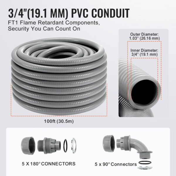 VEVOR flexible electrical conduit, 3/4" (19.1 mm) pvc, 100 ft, with connectors illustrated.