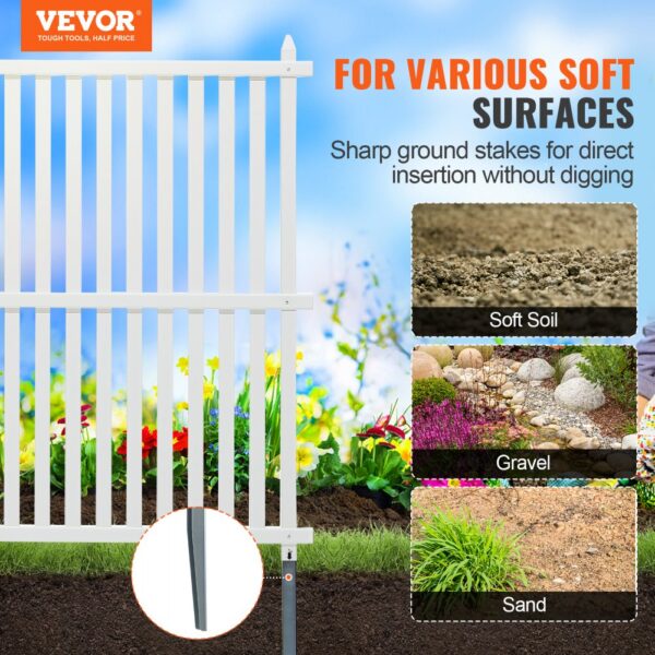 VEVOR vinyl privacy fence panels with ground stakes for soft soil, gravel, and sand surfaces.