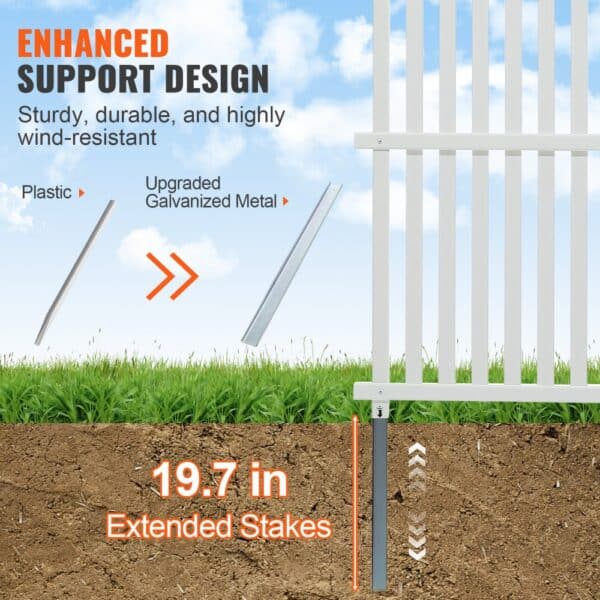 enhanced support design with sturdy VEVOR vinyl privacy fence panels and 19.7-inch extended stakes.